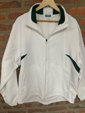 Prince White Athletic windbreaker design Jacket with Dark Green Trim Large